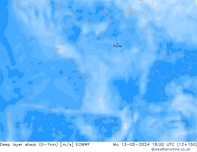 Deep layer shear (0-1km) ECMWF ma 13.05.2024 18 UTC