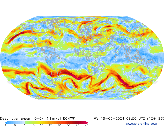 Deep layer shear (0-6km) ECMWF Mi 15.05.2024 06 UTC