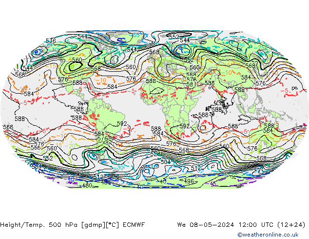Z500/Rain (+SLP)/Z850 ECMWF Mi 08.05.2024 12 UTC