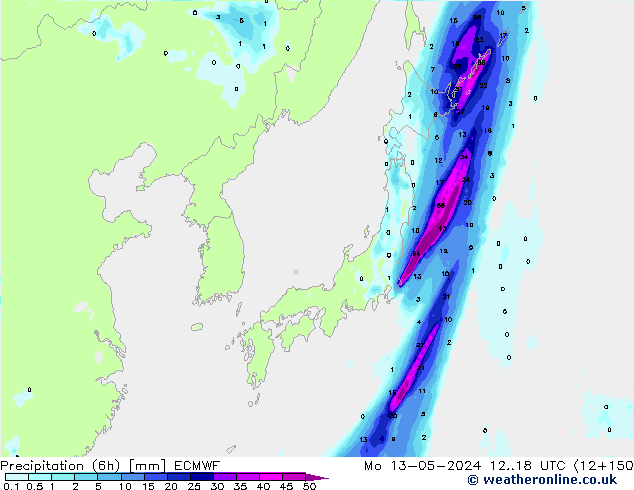 Precipitation (6h) ECMWF Po 13.05.2024 18 UTC