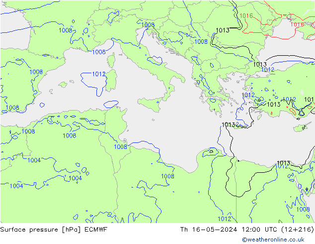 Pressione al suolo ECMWF gio 16.05.2024 12 UTC