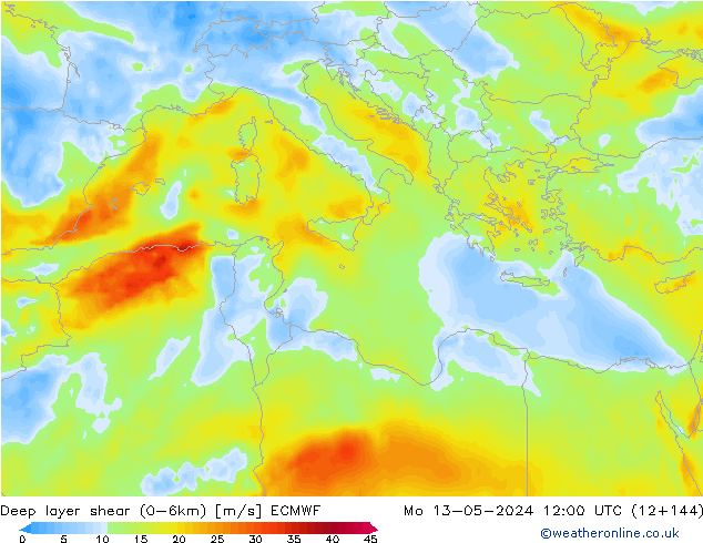 Deep layer shear (0-6km) ECMWF Mo 13.05.2024 12 UTC