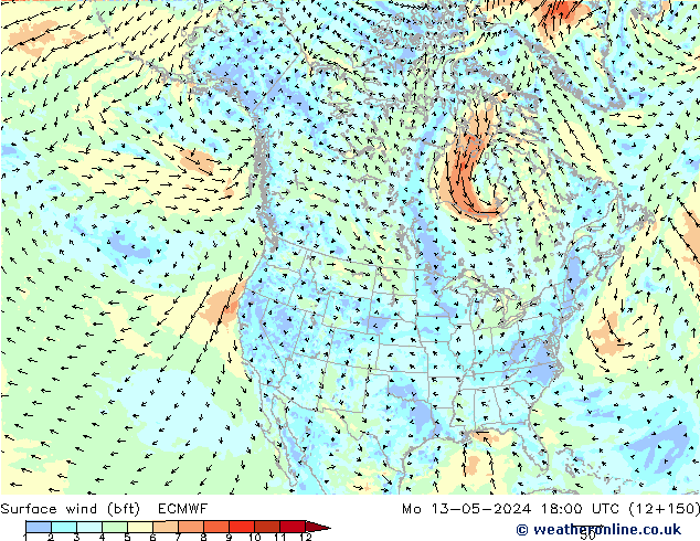 Surface wind (bft) ECMWF Mo 13.05.2024 18 UTC