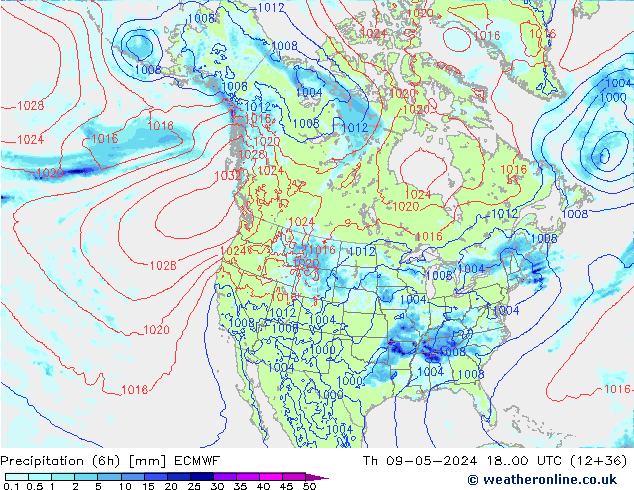 Z500/Rain (+SLP)/Z850 ECMWF Čt 09.05.2024 00 UTC