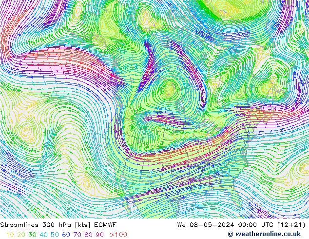 Linha de corrente 300 hPa ECMWF Qua 08.05.2024 09 UTC
