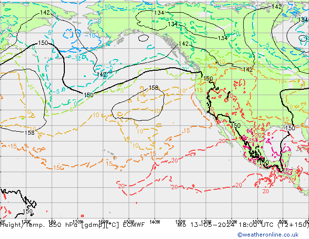 Hoogte/Temp. 850 hPa ECMWF ma 13.05.2024 18 UTC