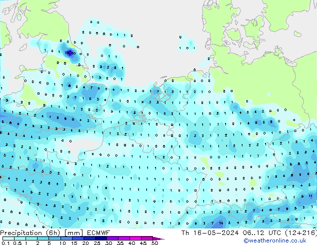 Precipitación (6h) ECMWF jue 16.05.2024 12 UTC