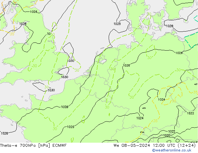 Theta-e 700hPa ECMWF mer 08.05.2024 12 UTC