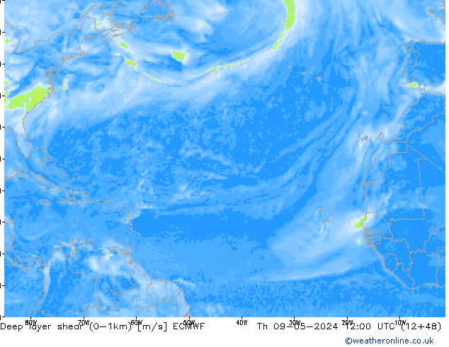 Deep layer shear (0-1km) ECMWF Th 09.05.2024 12 UTC