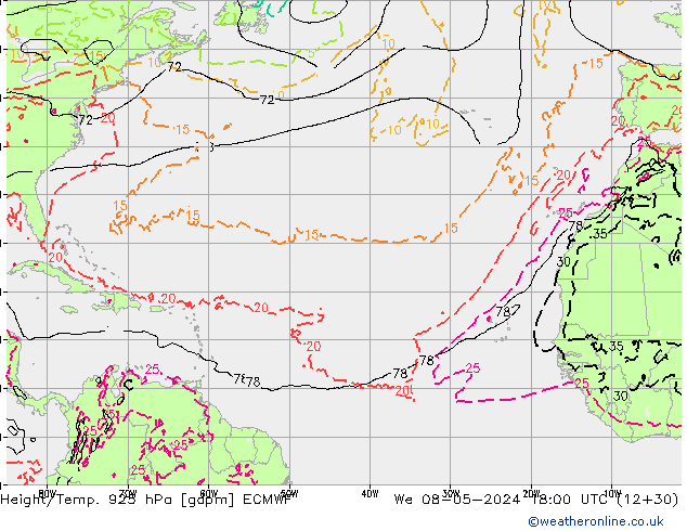 Height/Temp. 925 hPa ECMWF mer 08.05.2024 18 UTC