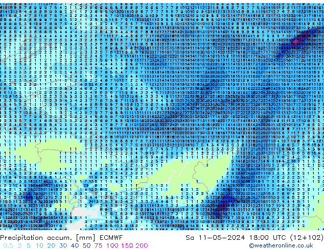 Precipitation accum. ECMWF Sáb 11.05.2024 18 UTC