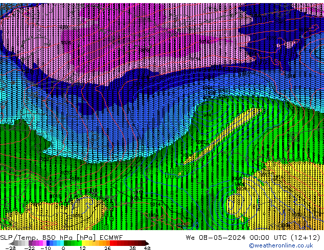 SLP/Temp. 850 hPa ECMWF śro. 08.05.2024 00 UTC