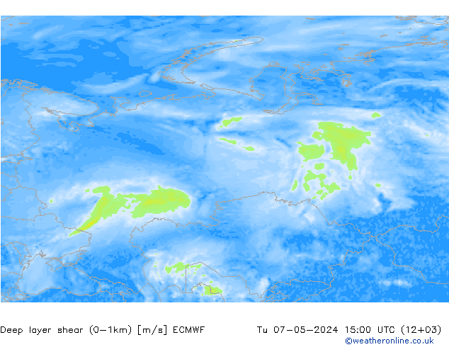 Deep layer shear (0-1km) ECMWF вт 07.05.2024 15 UTC
