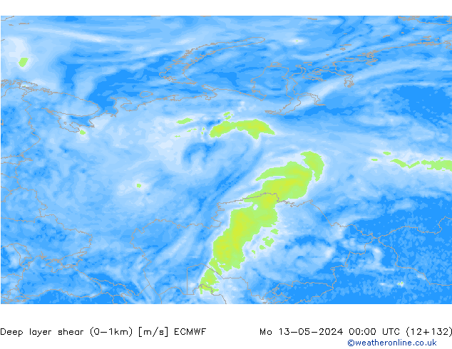 Deep layer shear (0-1km) ECMWF ma 13.05.2024 00 UTC