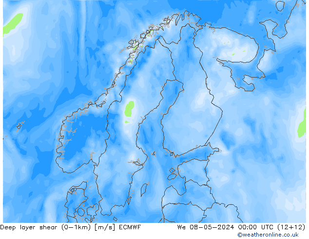 Deep layer shear (0-1km) ECMWF Mi 08.05.2024 00 UTC
