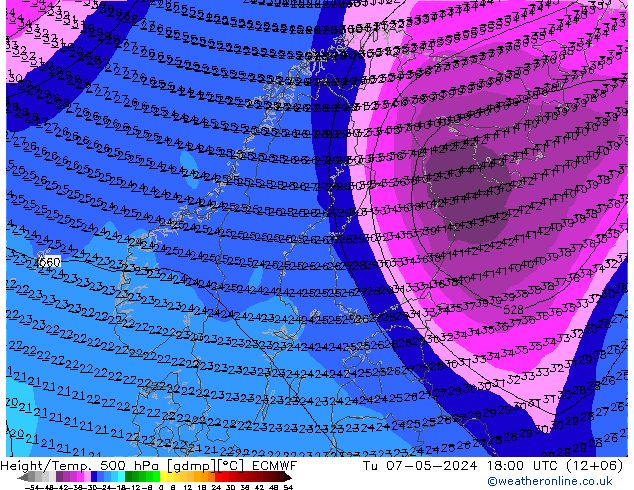 Height/Temp. 500 гПа ECMWF вт 07.05.2024 18 UTC