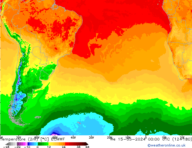 mapa temperatury (2m) ECMWF śro. 15.05.2024 00 UTC