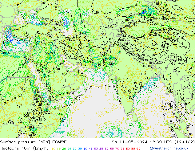 Isotachs (kph) ECMWF So 11.05.2024 18 UTC