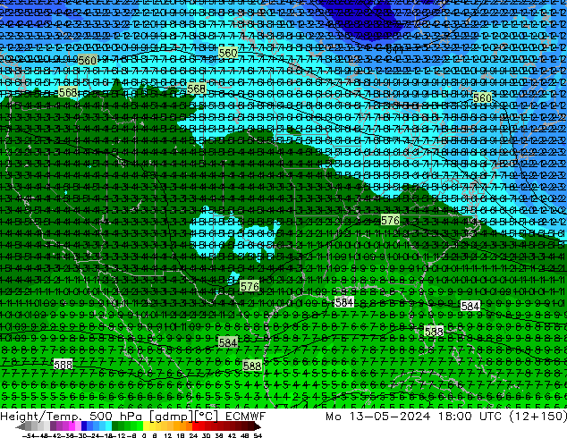 Z500/Rain (+SLP)/Z850 ECMWF Mo 13.05.2024 18 UTC