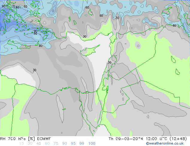 RH 700 hPa ECMWF gio 09.05.2024 12 UTC