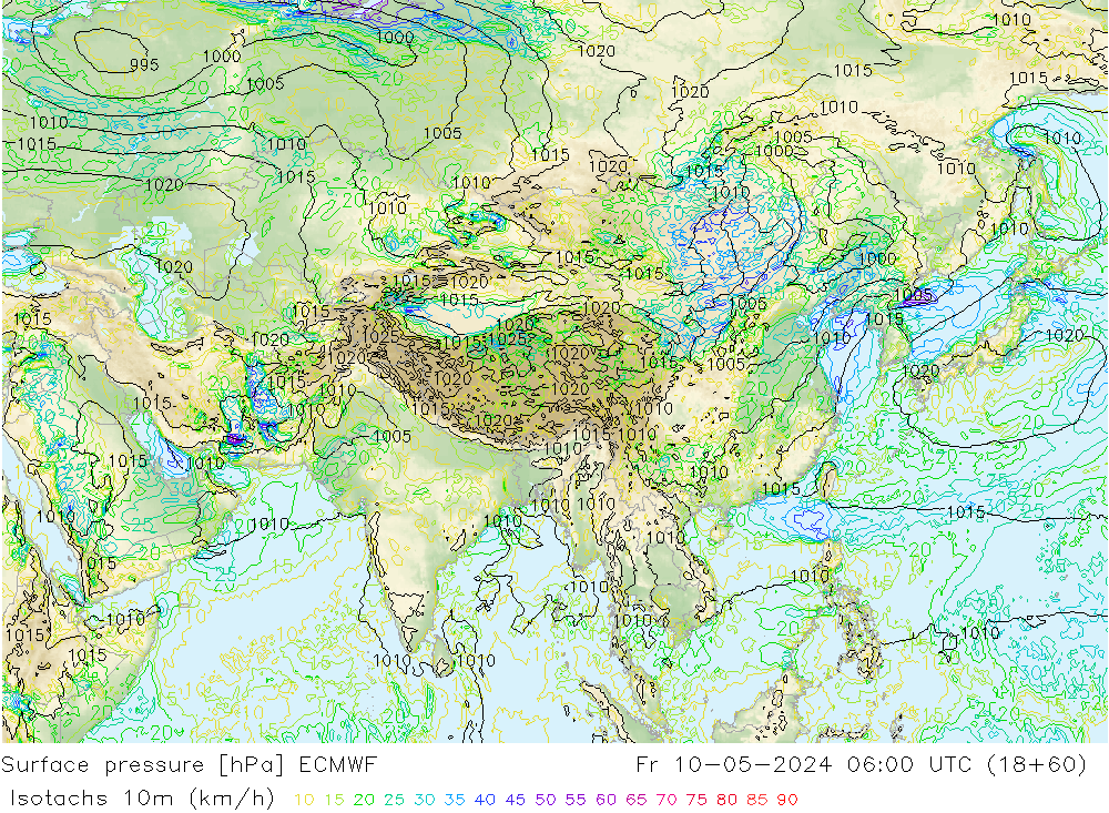 Isotachs (kph) ECMWF пт 10.05.2024 06 UTC