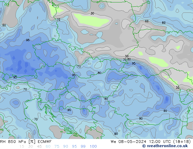 RH 850 hPa ECMWF mer 08.05.2024 12 UTC