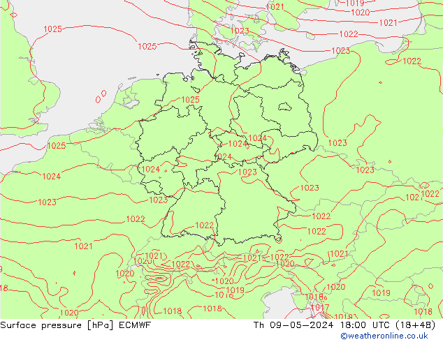 Presión superficial ECMWF jue 09.05.2024 18 UTC