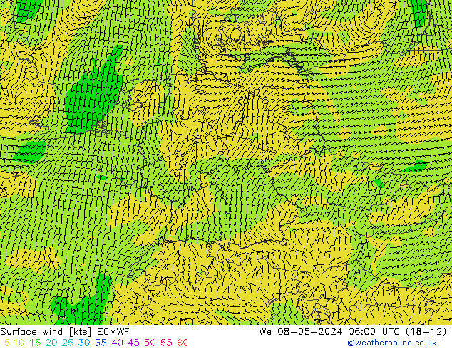 wiatr 10 m ECMWF śro. 08.05.2024 06 UTC