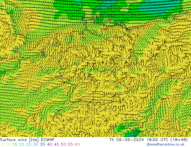 Prec 6h/Wind 10m/950 ECMWF Th 09.05.2024 18 UTC