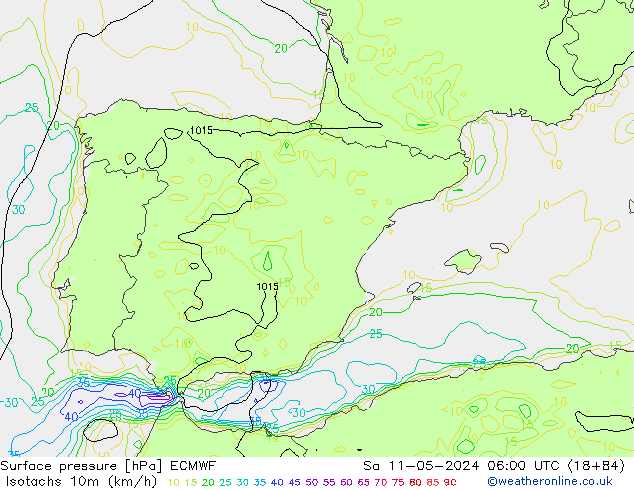 Izotacha (km/godz) ECMWF so. 11.05.2024 06 UTC