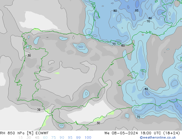 Humedad rel. 850hPa ECMWF mié 08.05.2024 18 UTC