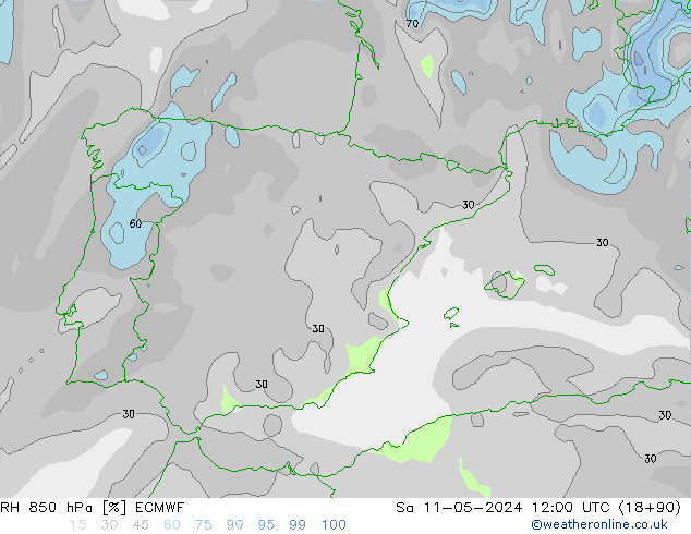 Humedad rel. 850hPa ECMWF sáb 11.05.2024 12 UTC