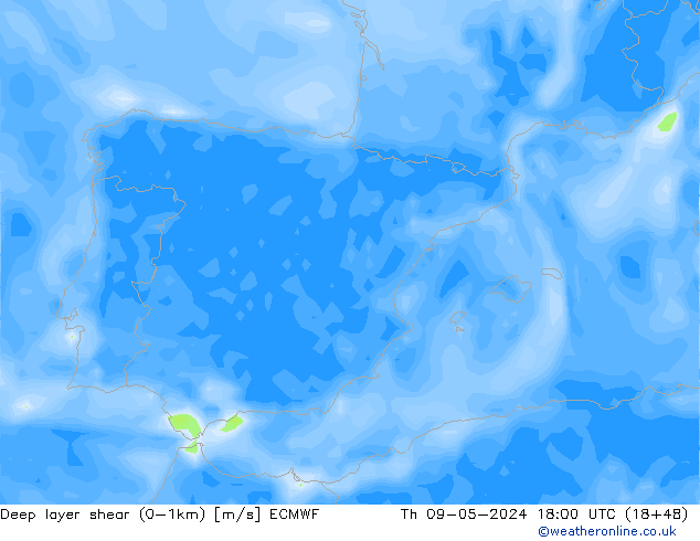 Deep layer shear (0-1km) ECMWF Qui 09.05.2024 18 UTC