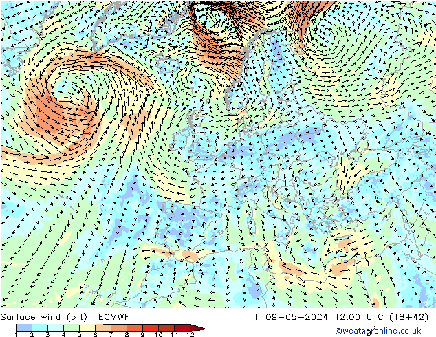 Bodenwind (bft) ECMWF Do 09.05.2024 12 UTC
