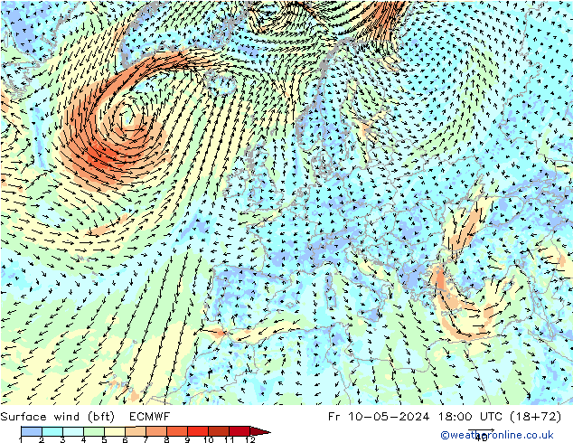 Bodenwind (bft) ECMWF Fr 10.05.2024 18 UTC
