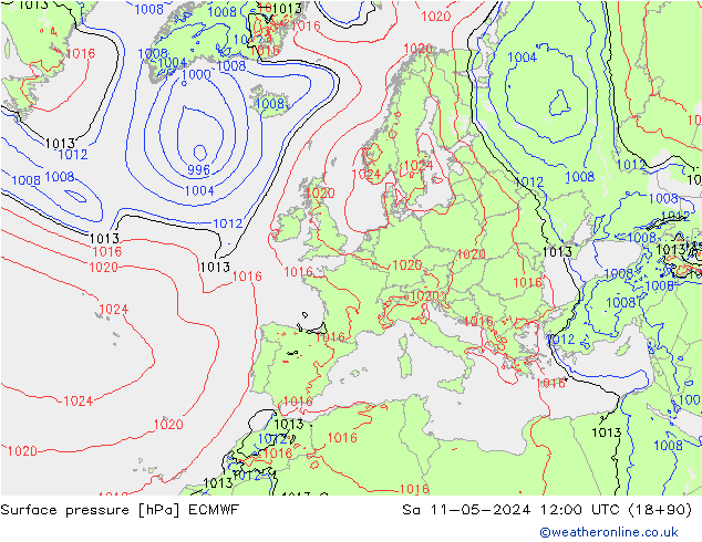 Presión superficial ECMWF sáb 11.05.2024 12 UTC