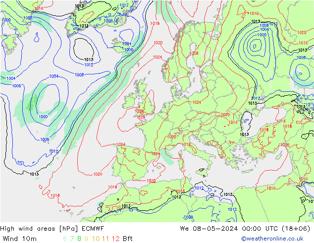 High wind areas ECMWF Qua 08.05.2024 00 UTC