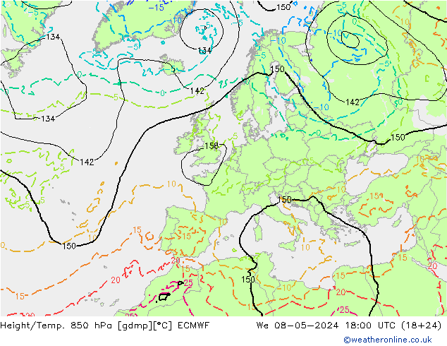 Height/Temp. 850 hPa ECMWF We 08.05.2024 18 UTC
