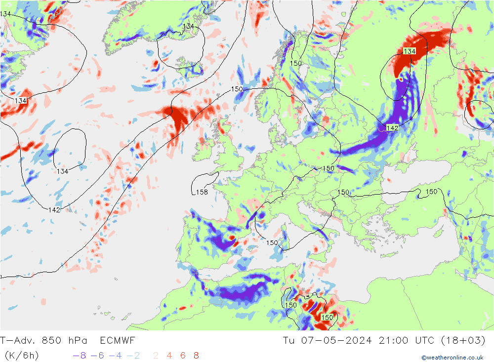T-Adv. 850 hPa ECMWF mar 07.05.2024 21 UTC