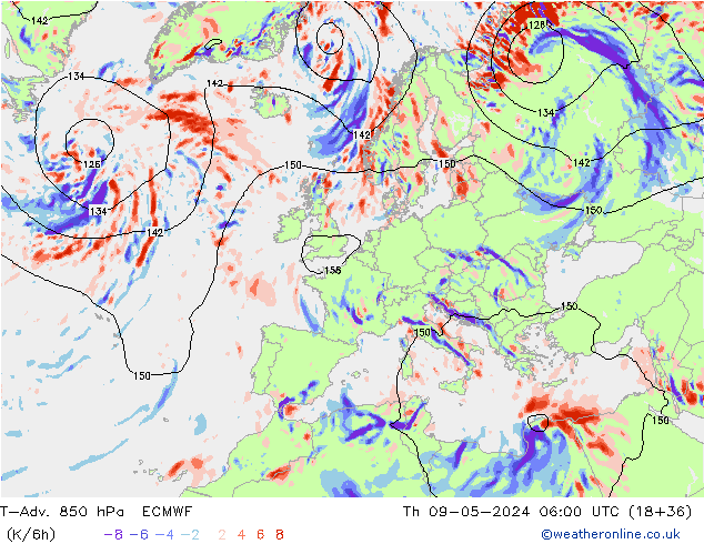 T-Adv. 850 hPa ECMWF Čt 09.05.2024 06 UTC