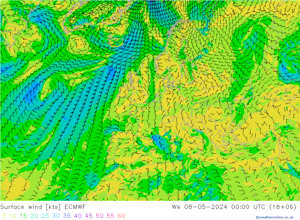 Prec 6h/Wind 10m/950 ECMWF Qua 08.05.2024 00 UTC