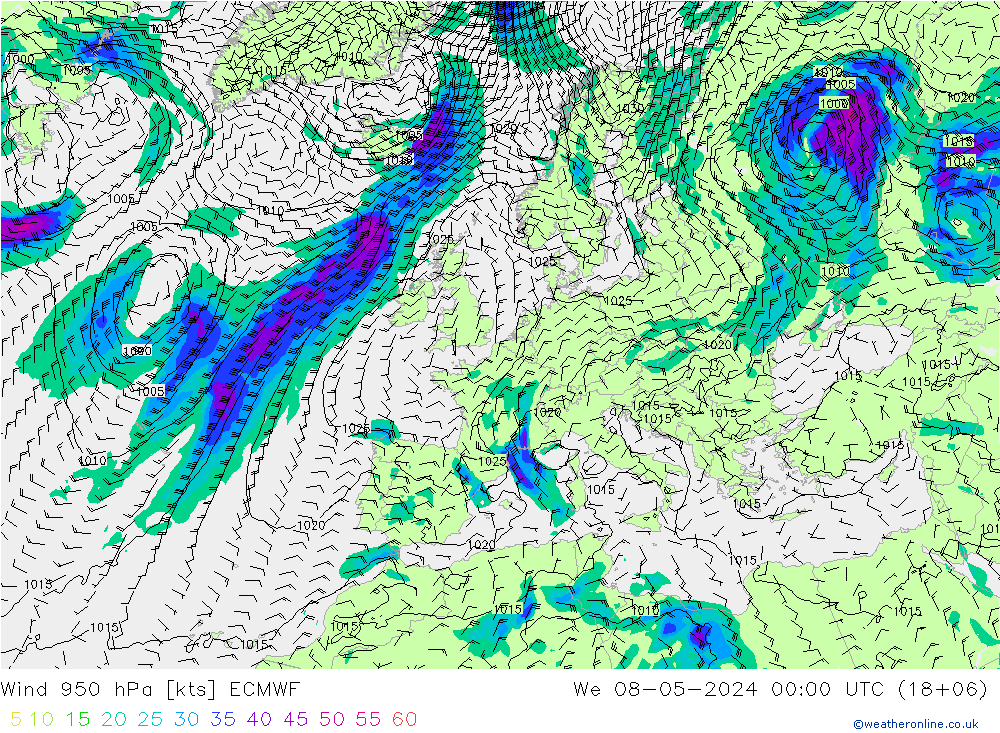 Prec 6h/Wind 10m/950 ECMWF Qua 08.05.2024 00 UTC