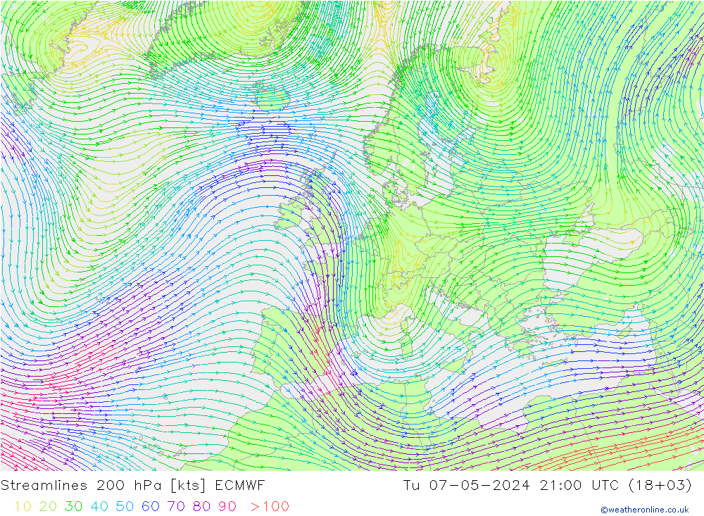 Línea de corriente 200 hPa ECMWF mar 07.05.2024 21 UTC