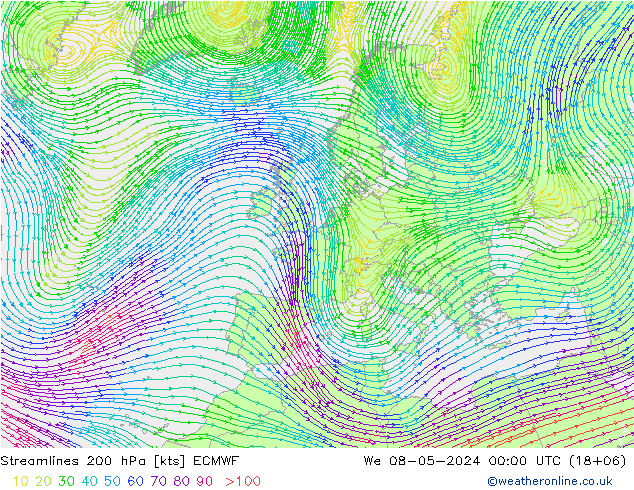 风 200 hPa ECMWF 星期三 08.05.2024 00 UTC
