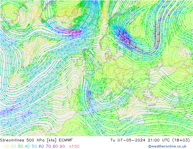 Línea de corriente 500 hPa ECMWF mar 07.05.2024 21 UTC