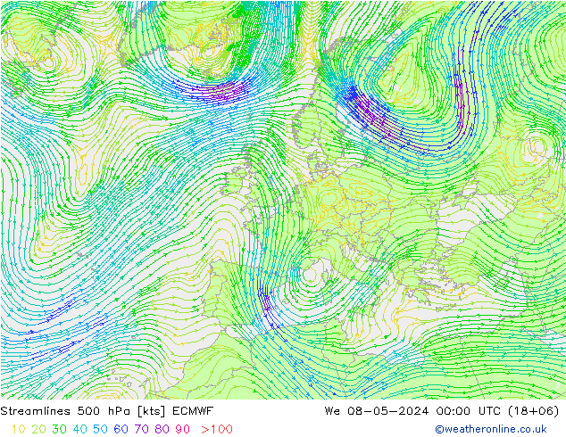 Stroomlijn 500 hPa ECMWF wo 08.05.2024 00 UTC