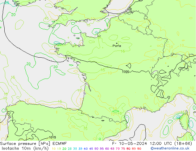 Isotachs (kph) ECMWF ven 10.05.2024 12 UTC