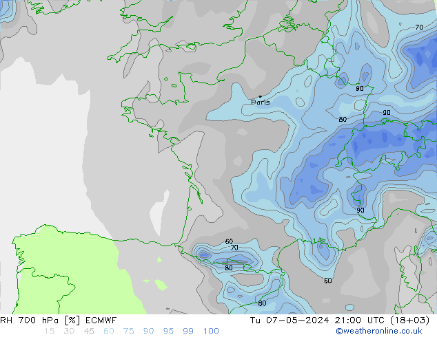 Humidité rel. 700 hPa ECMWF mar 07.05.2024 21 UTC