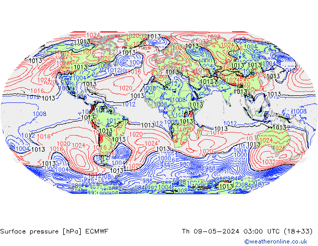 Pressione al suolo ECMWF gio 09.05.2024 03 UTC
