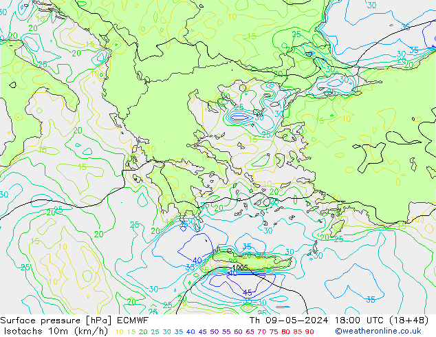 Eşrüzgar Hızları (km/sa) ECMWF Per 09.05.2024 18 UTC